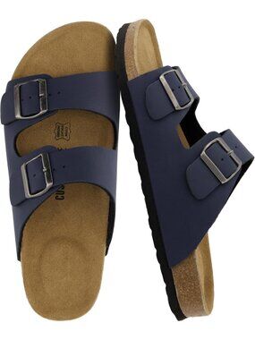 Men's Navy Nubuck Lane Cork Footbed Sandals Adjustable Buckle Comfort Slides